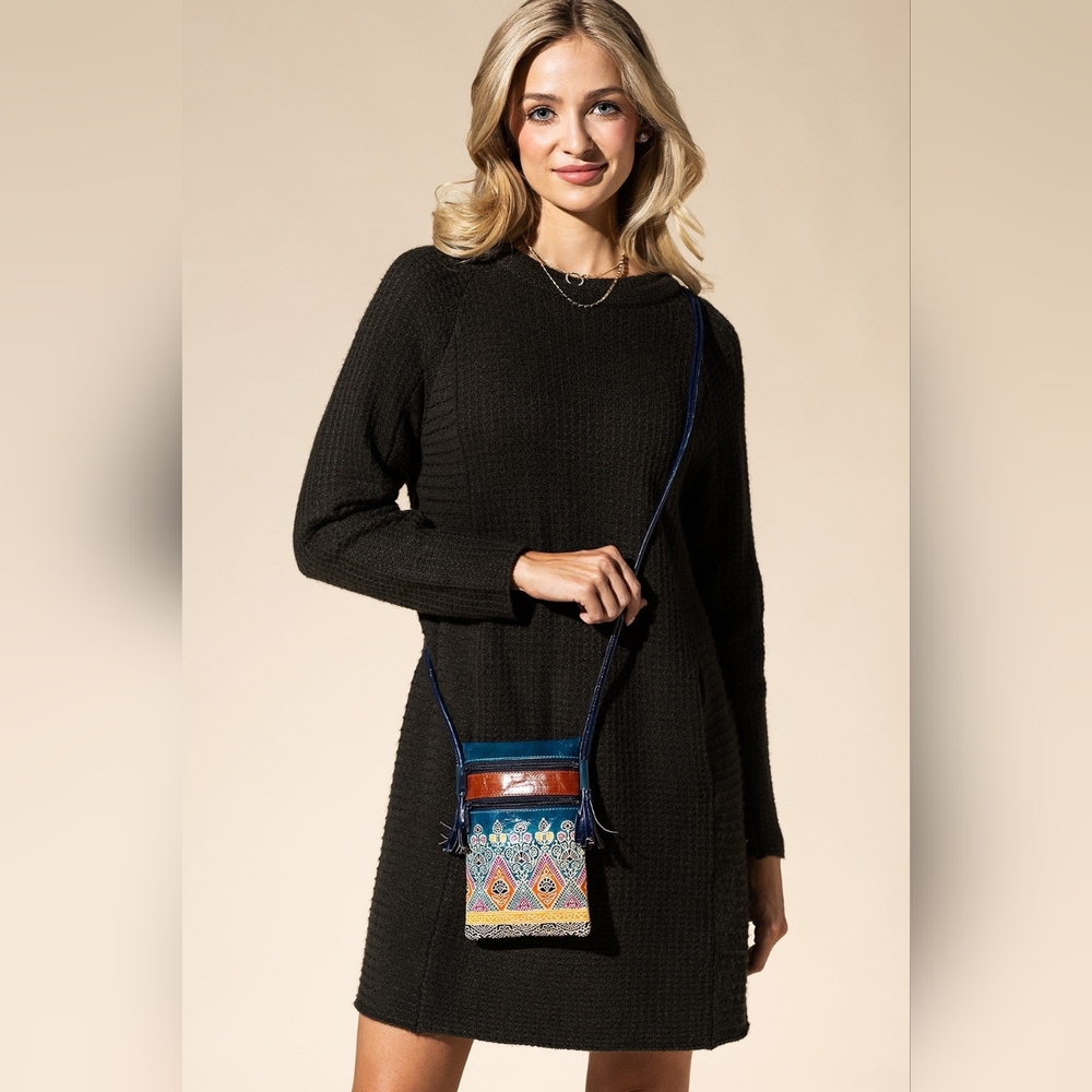 Cellphone Crossbody Bag Vibrant Artisan Hand-Painted & Embossed Genuine Leather - Picture 7 of 7
